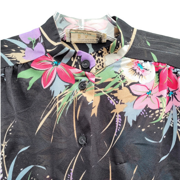 Teddi California Vintage 70s Sheer Tropical High Collar Long Sleeve Blouse Top - Picture 5 of 13